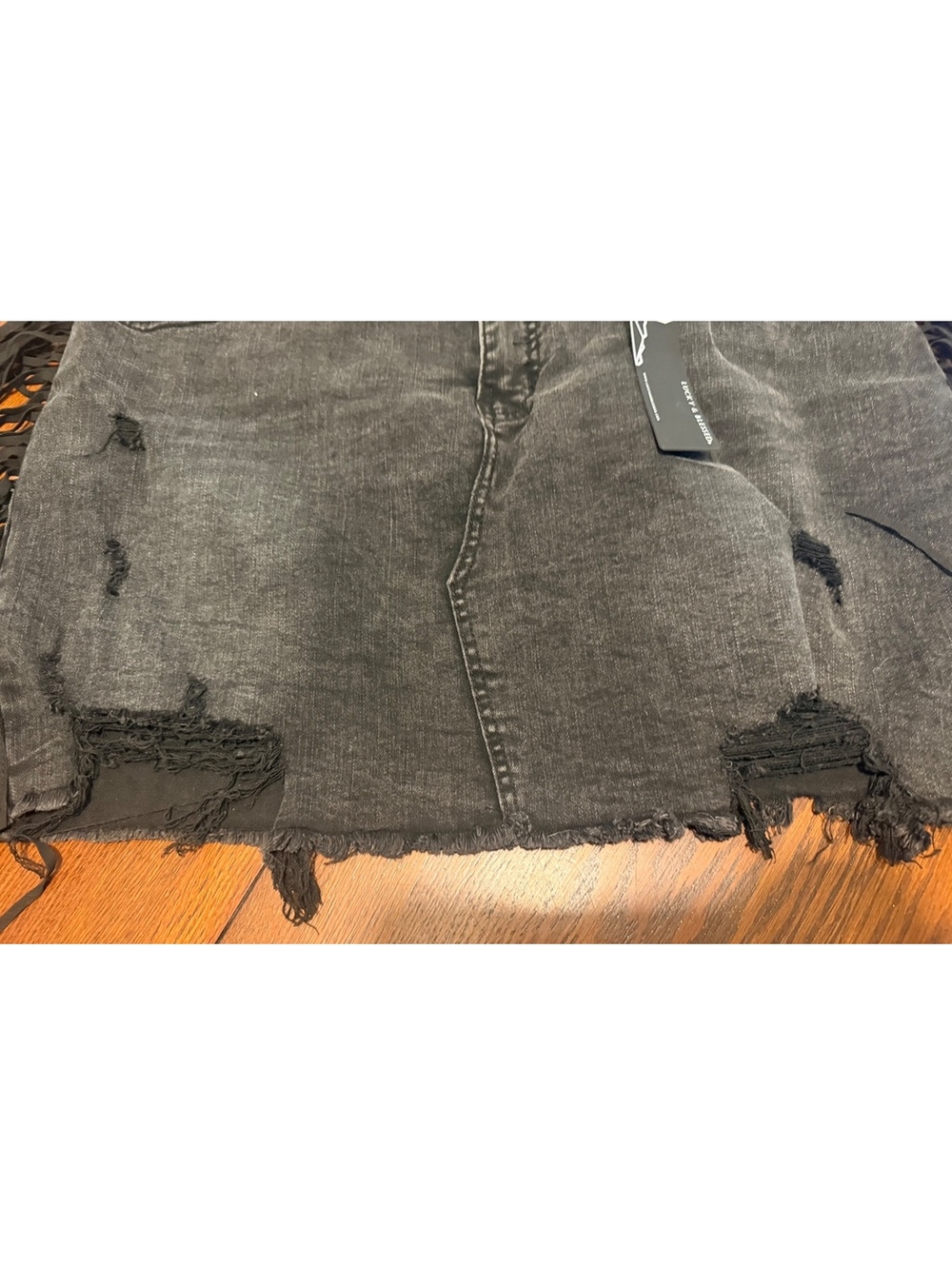 NWT Women’s Black Distressed Fringe Denim Jean Skirt XL Western Stretch - Picture 2 of 6